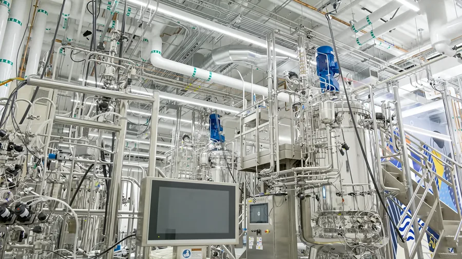 Stainless steel cell cultivators and process piping in the production hall, with a control panel in the foreground